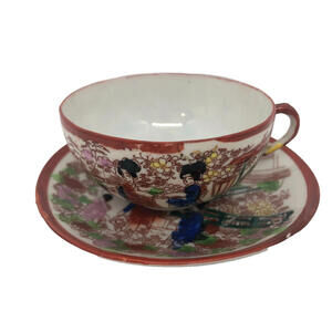 Vintage Japanese Kutani Hand Painted Porcelain Tea Cup Saucer Set Made in Japan